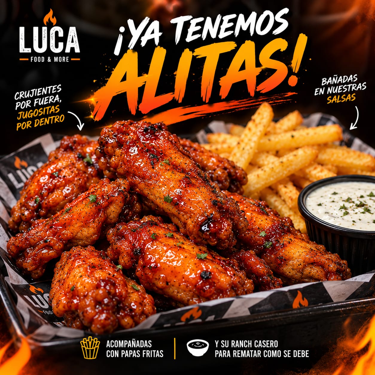 Charola de alitas con papas fritas y ranch